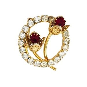 Floral Design Pin Brooch Gold Tone Rhinestones